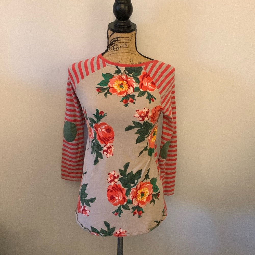 Floral, Matilda Jane shirt with striped sleeves size small
